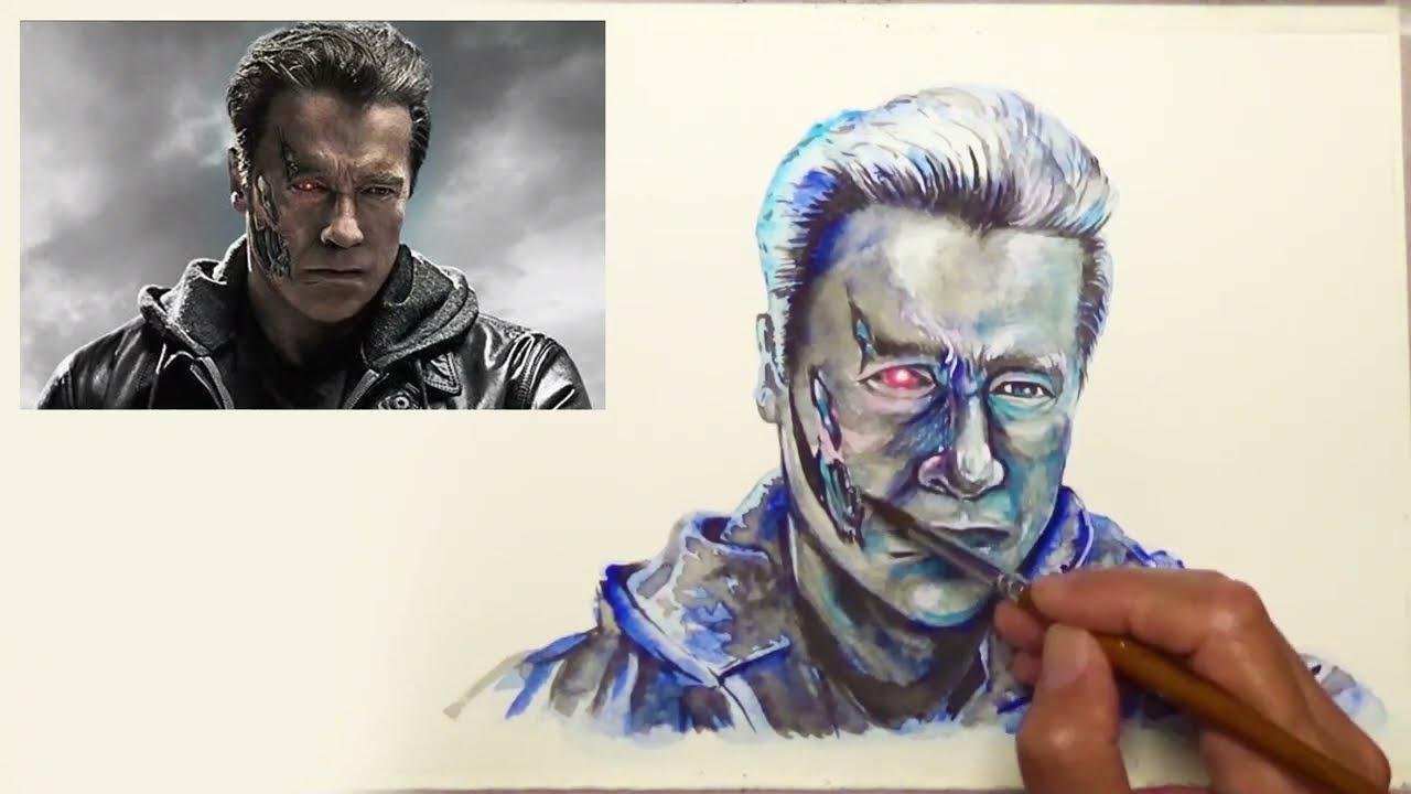 藍色水彩素描－阿諾·施瓦辛格 | 快速彩繪臉部表情 | Sketching Arnold Schwarzenegger.
