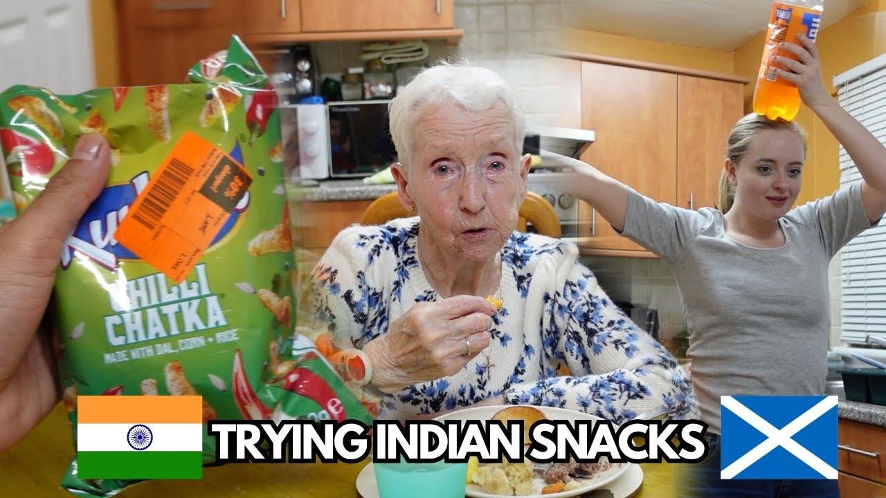 MY BRITISH GRANDMOTHER TRYING INDIAN SNACKS FOR THE FIRST TIME! *KurKure*