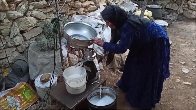 Nomadic life in Iran: Grinding the milk for separation of high_fat milk