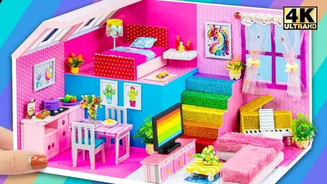 DIY Miniature Cardboard House #88 ❤️ Make Unicorn Rainbow House with Bedroom, Kitchen ( Craft )