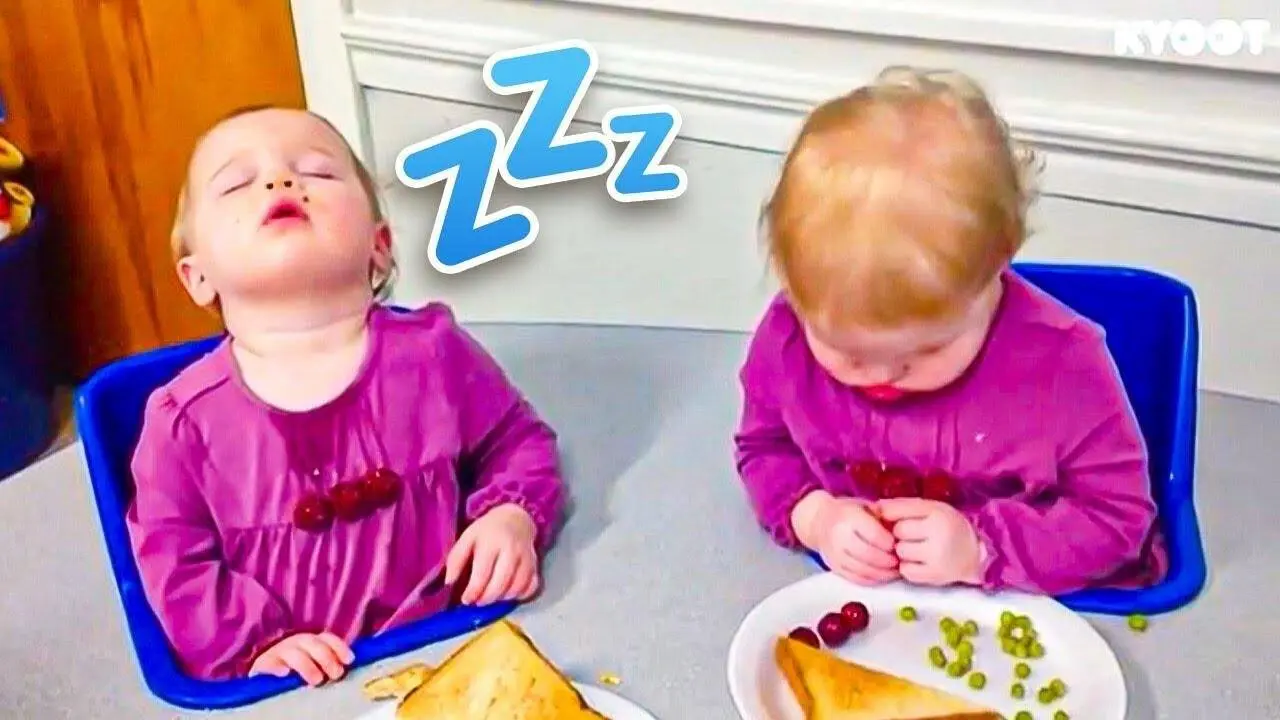 Adorable twins get sleepy after lunch