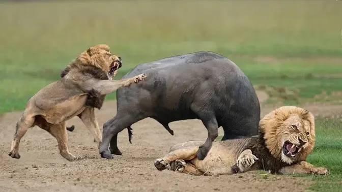 OMG!!! 3 Buffalo Vs 100 Lions, Buffalo Herd Take Down Lion To Save ...