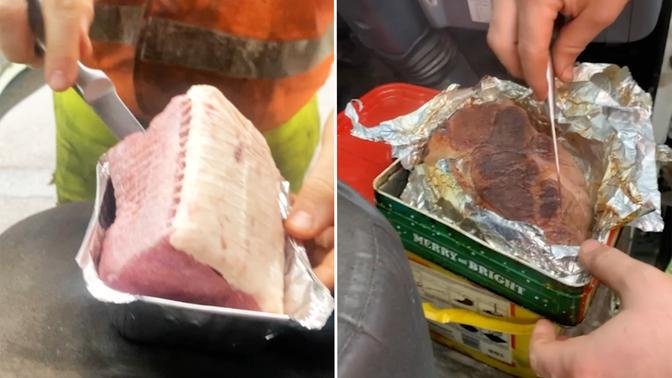 Highways maintenance workers discover ingenious lunch hack by cooking food in tarmac
