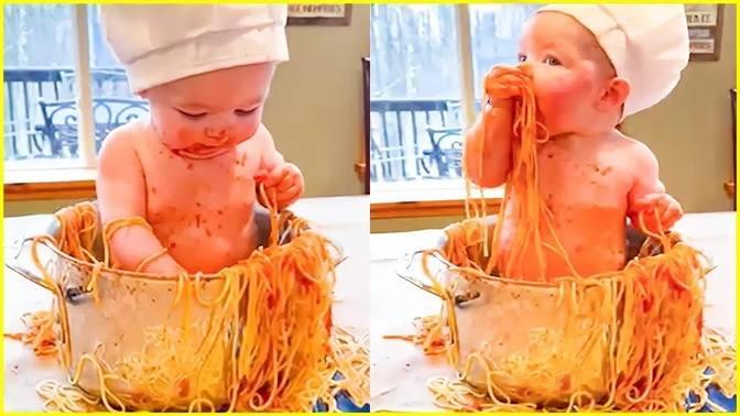 Funny Babies Eating Spaghetti Moments - Peachy Vines