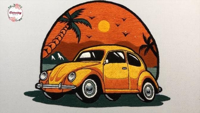 Hand Embroidery - Holiday Vintage Car with Sunset In The Beach -  Embroidery Tutorial