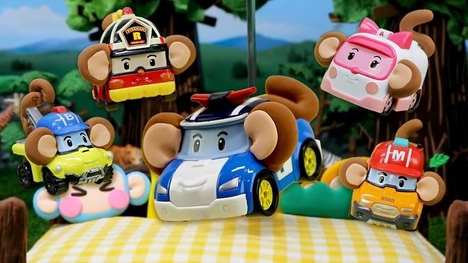 Five Little Monkeys Jumping On The Bed🐵 _ Car Video _ Car Toys _ Robocar POLI - Nursery Rhymes