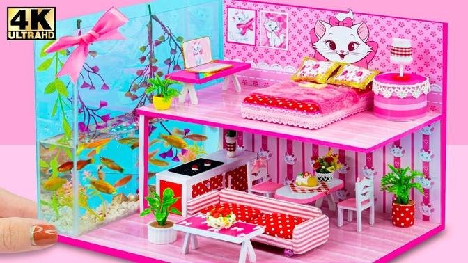DIY Miniature Cardboard House #113 ❤️ with Pink Kitten Cat Bedroom, Kitchen, Living room, Aquarium