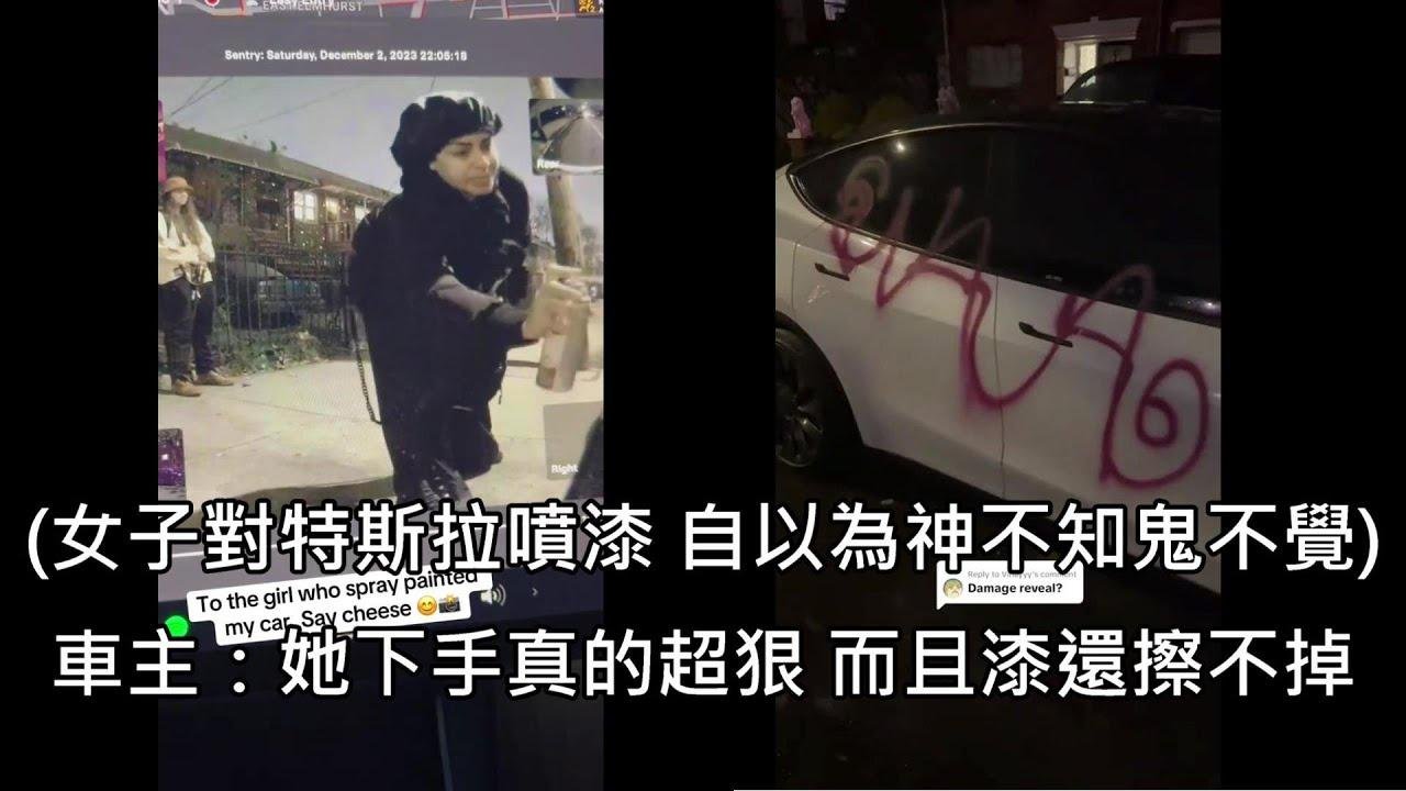 女子對著路邊的特斯拉噴漆以為不會被抓到，過程都被車內監控系統錄下 (中文字幕)