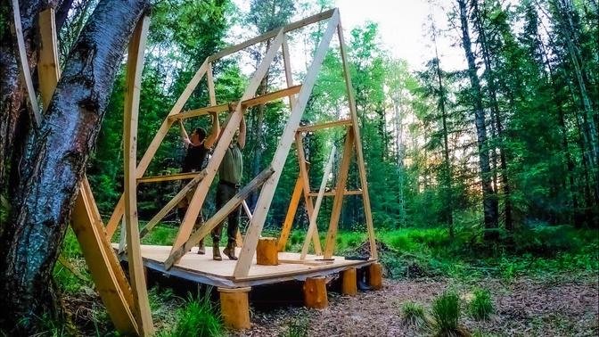 A FRAME CABIN in the WILD _ THE MAKING from 0 - DIY off the grid _ Woodworking bushcraft and cooking