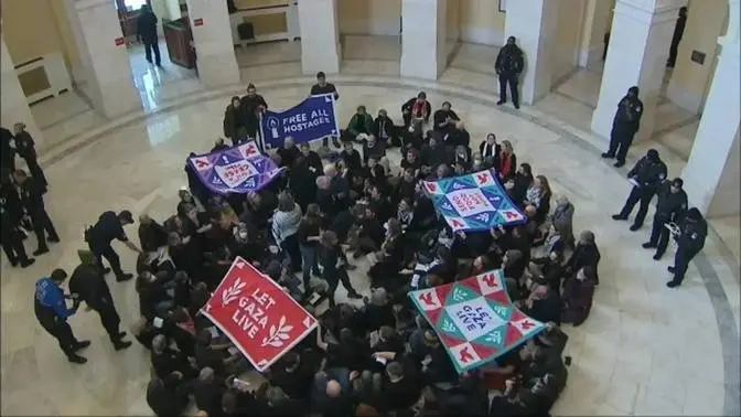 Capitol Police begin arresting Gaza 'cease-fire' protesters holding sit-in at Cannon Rotunda