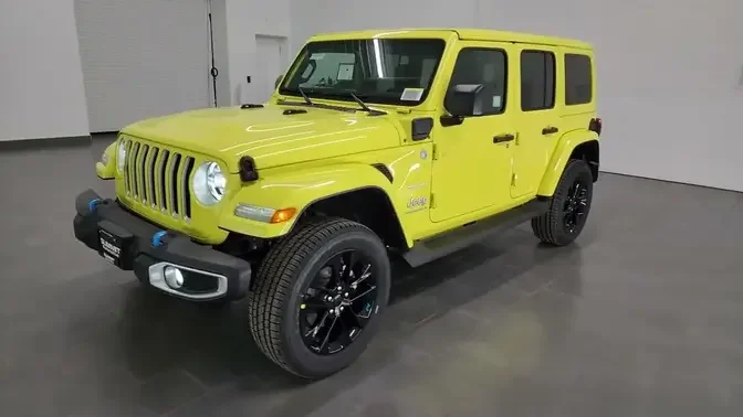 2023 JEEP WRANGLER SAHARA 4XE HIGH VELOCITY YELLOW 4K WALKAROUND 23J92