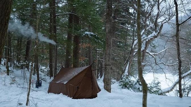 Winter Hot Tent Camping in Snow & Rain