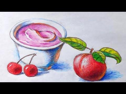 【土人教画】496 彩铅画 酸奶和桃 terrain art class 彩crayons-yogurt&peach土人老师网课报名微信号：16478318998