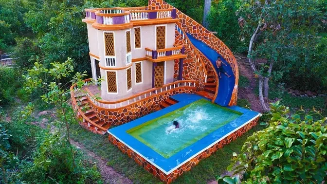 [ Full Video ] 25Days Building Two Story Mud Villa and Water Slide To Swimming Pool