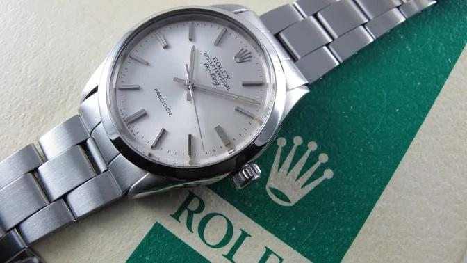 Steel Rolex Oyster Perpetual Air-King Precision Ref. 5500 vintage wristwatch, sold in 1975