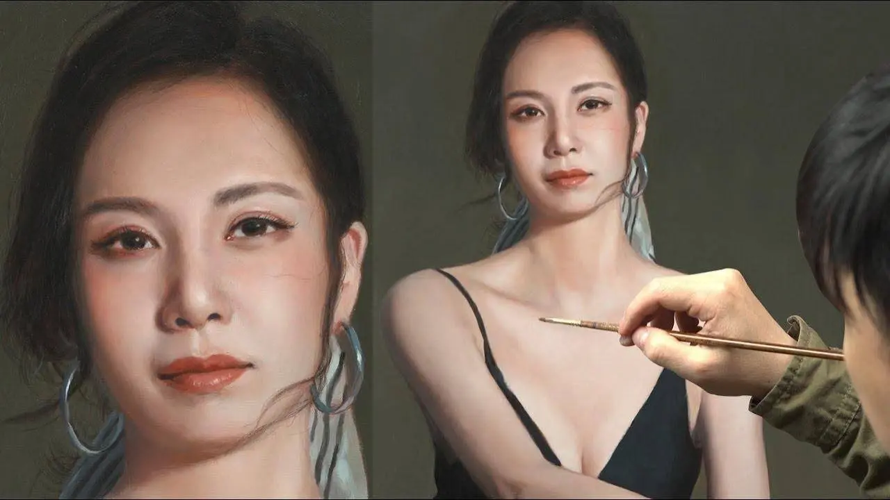 写实人物画黑裙女子人物画过程