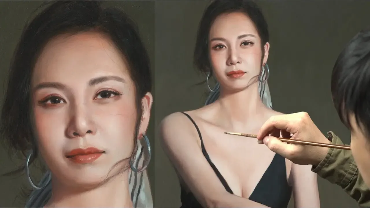 寫實人物畫黑裙女子人物畫過程
