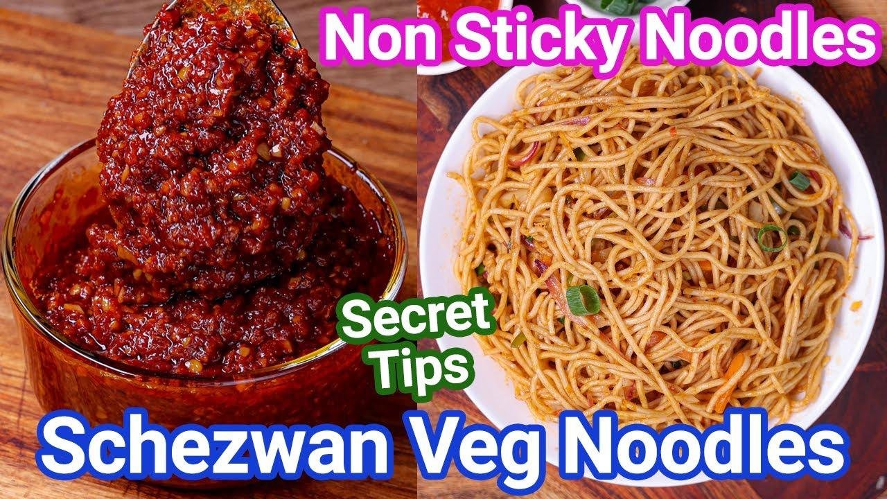Schezwan Noodles Street Style with Homemade Schezwan Chutney - Secret Tips for Non Stick Noodles