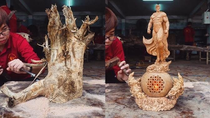 Carving SUPERMAN out of Wood - Glowing Incense Base - Woodworking technique and skill